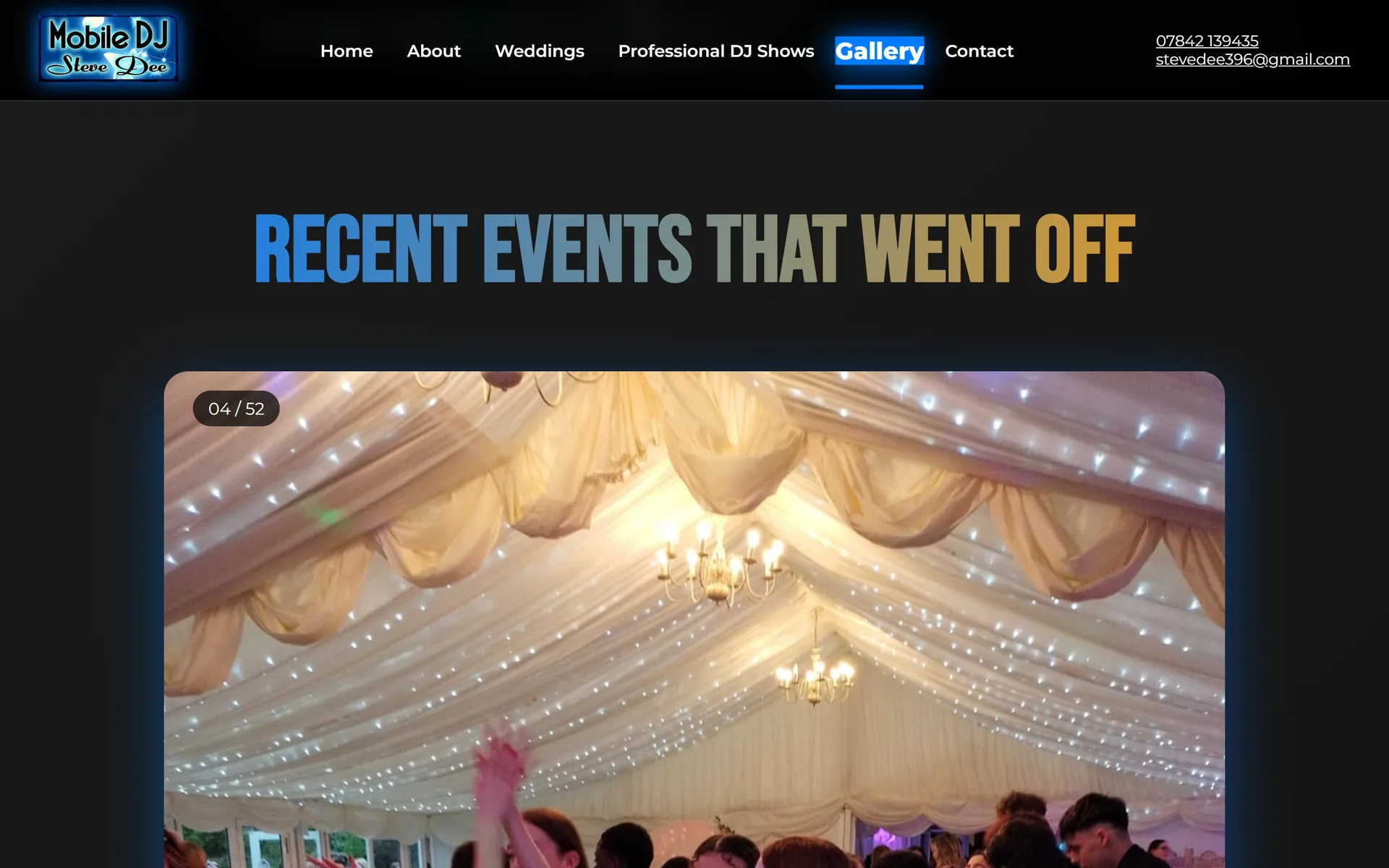 DJ Steve Dee gallery titled "Recent events that went off" showing a marquee party