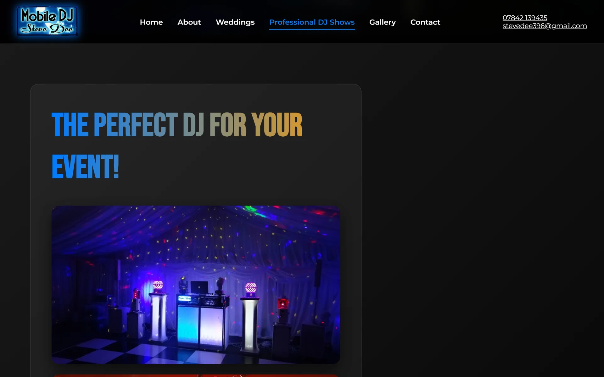 DJ Steve Dee professional DJ show page with a photo of his lit-up setup in a marquee