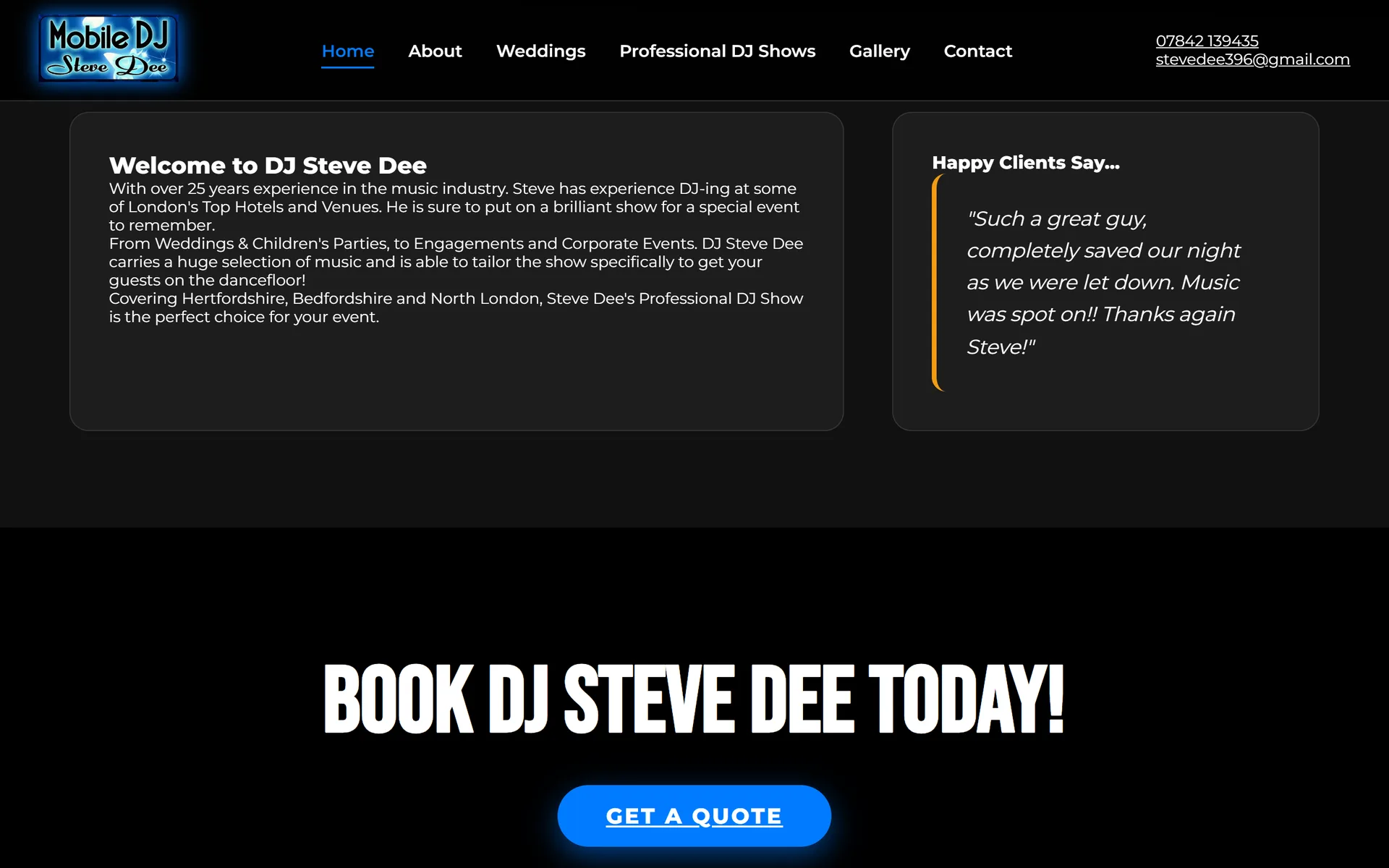 DJ Steve Dee welcome section with a client review and a "Book DJ Steve Dee today" banner
