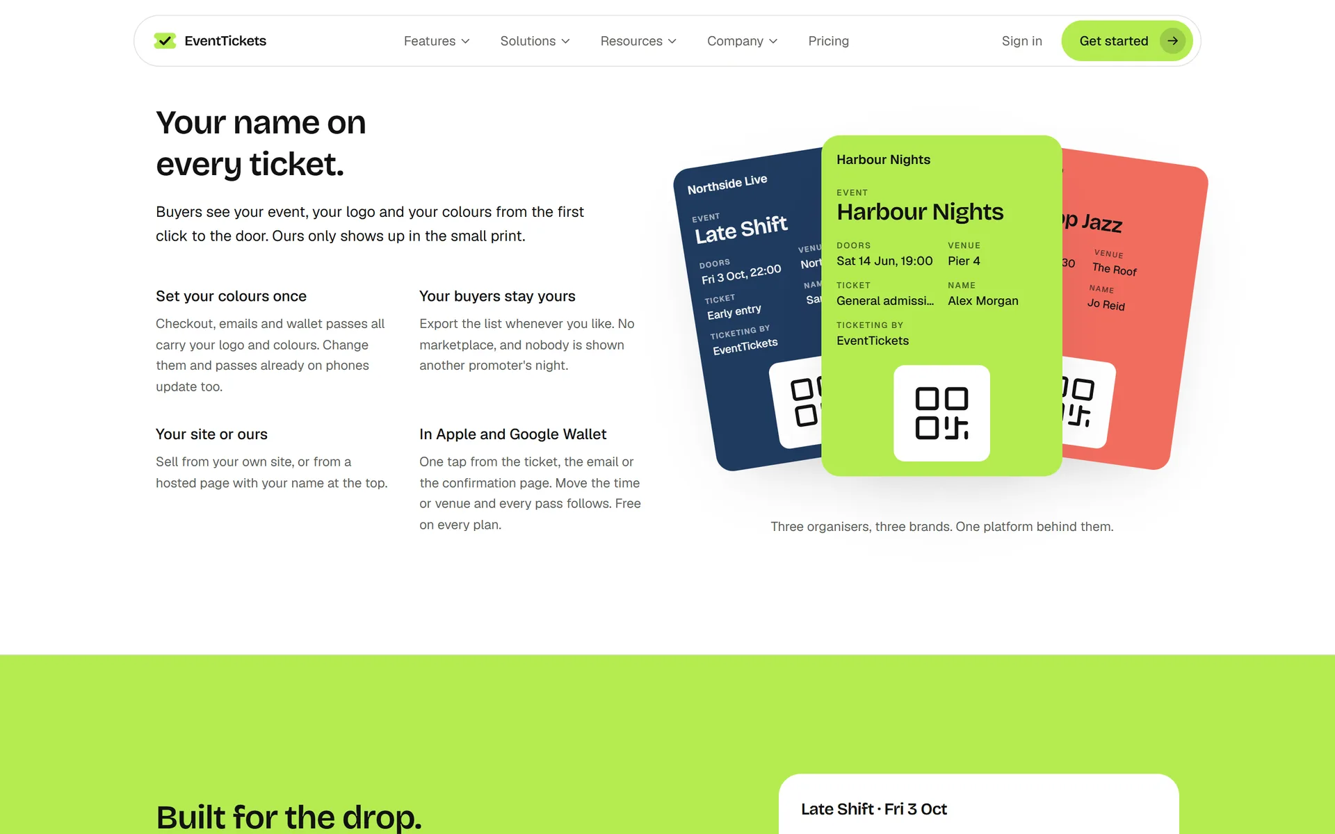 EventTickets section titled "Your name on every ticket" with three differently branded wallet passes