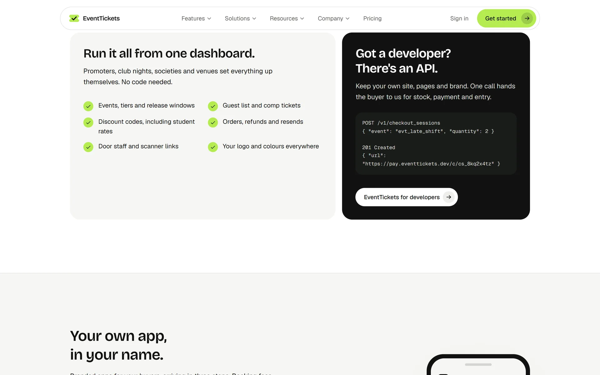 EventTickets dashboard features list beside an API code example