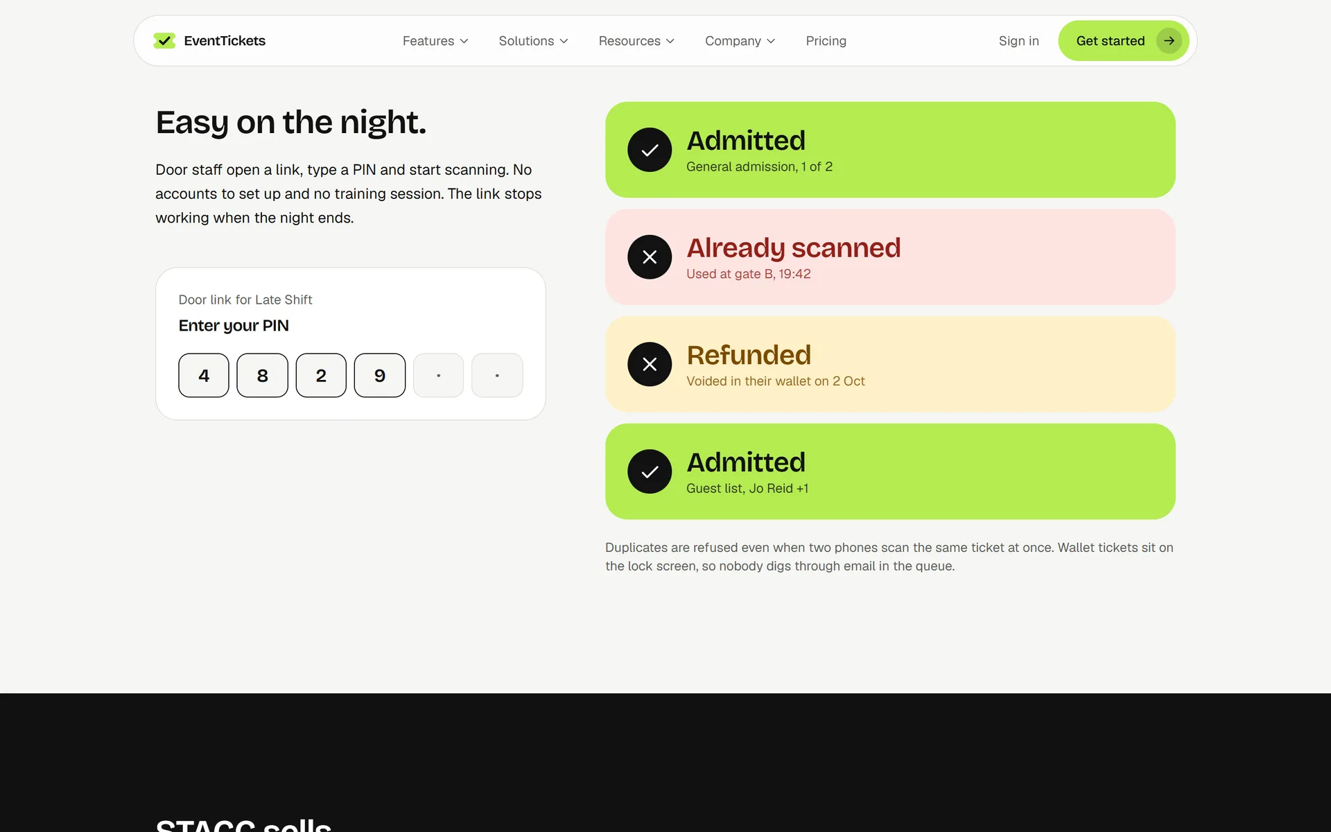 EventTickets door app with a PIN entry and admitted, already scanned and refunded results