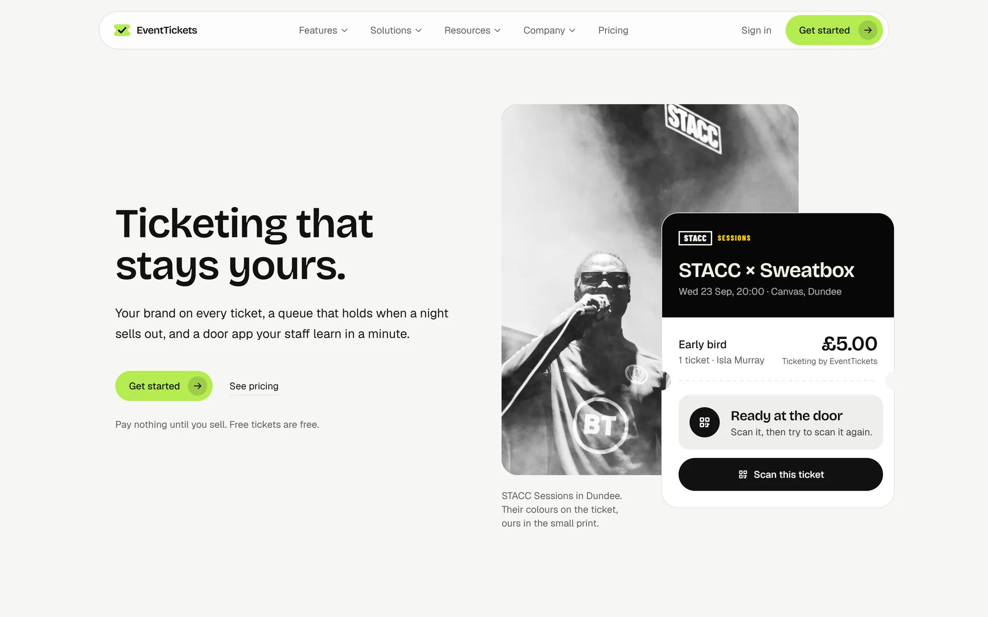 EventTickets homepage with the headline "Ticketing that stays yours" beside a STACC Sessions ticket
