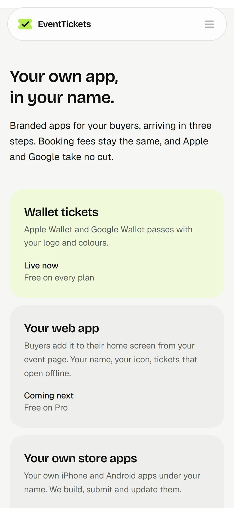 EventTickets branded apps section on a phone