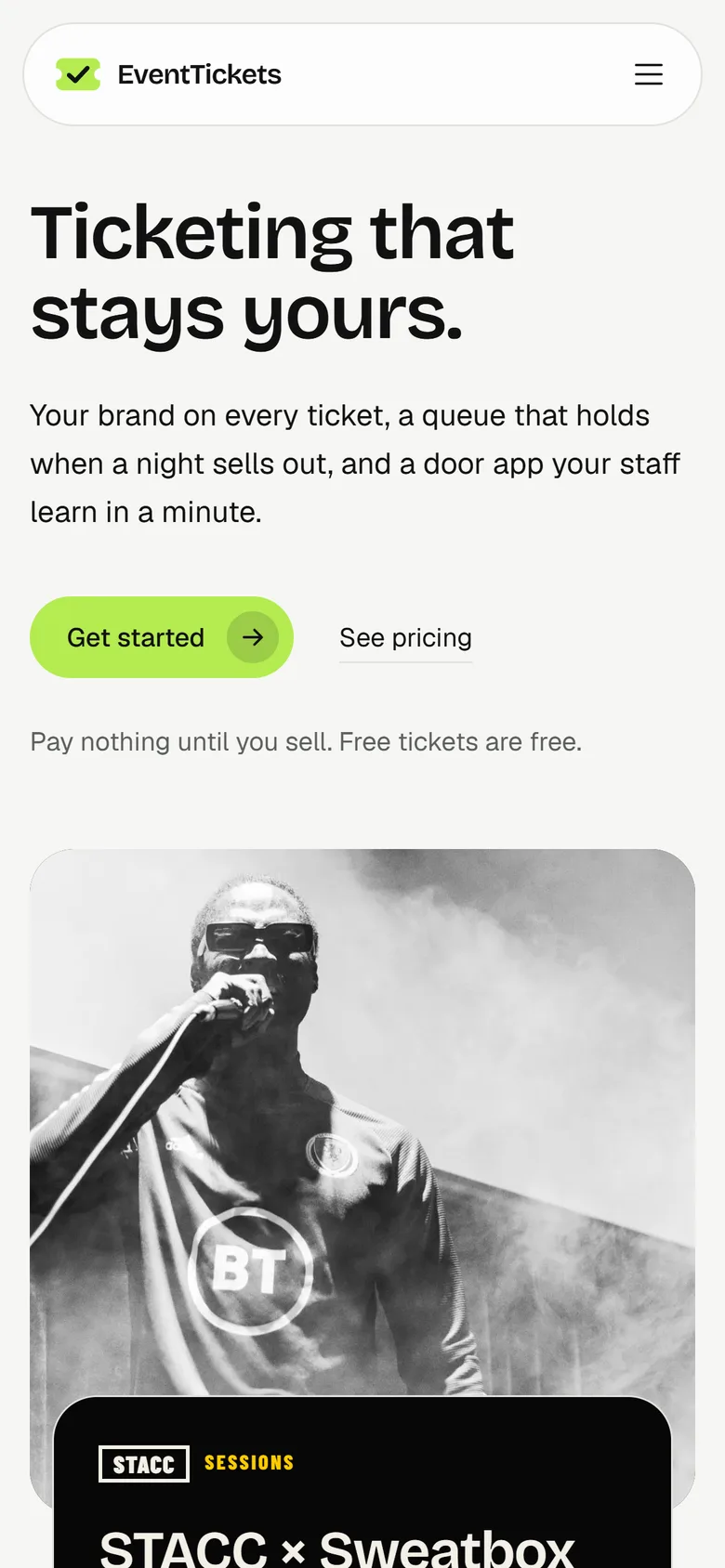 EventTickets homepage on a phone