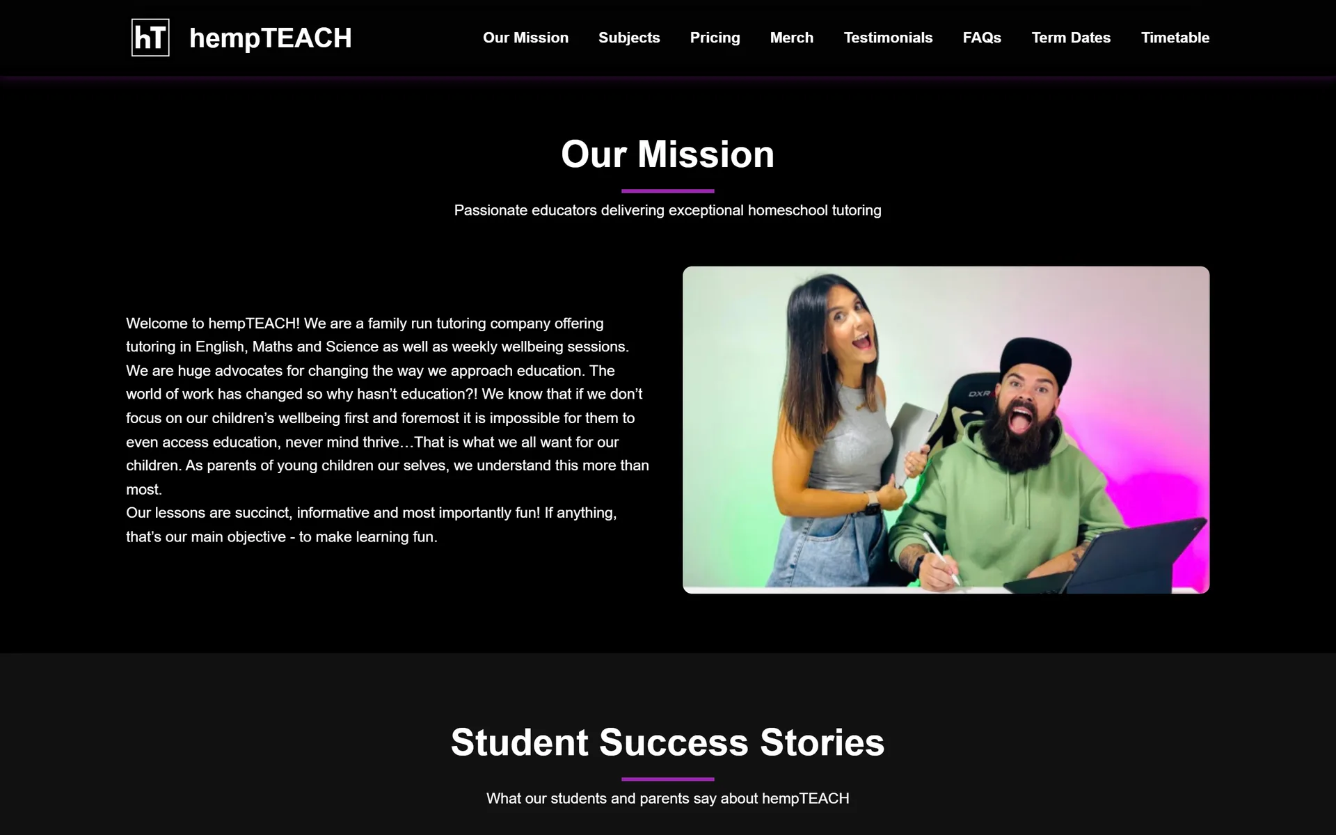 hempTEACH mission section with a photo of the two teachers