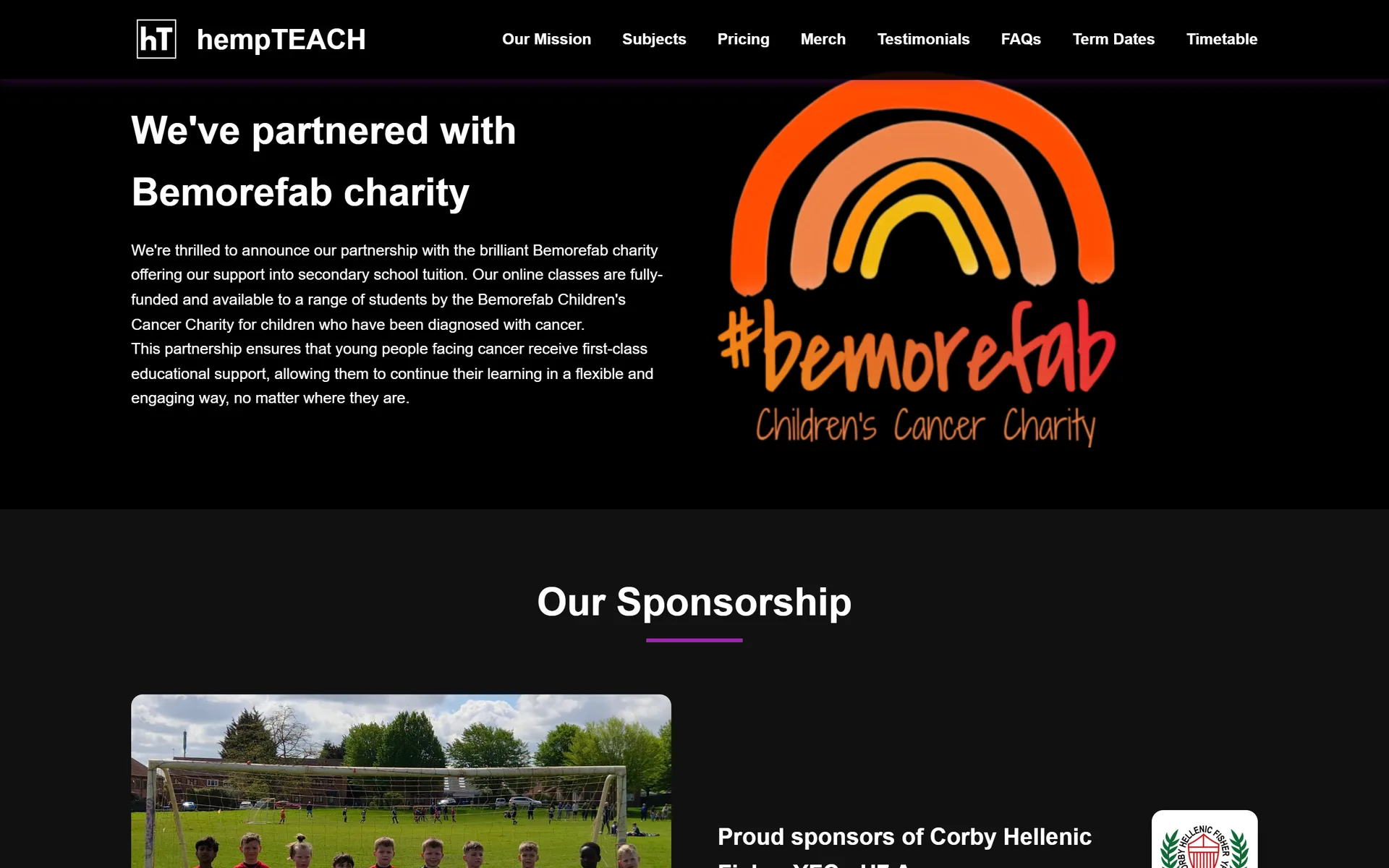 hempTEACH section about its partnership with the Bemorefab children's cancer charity