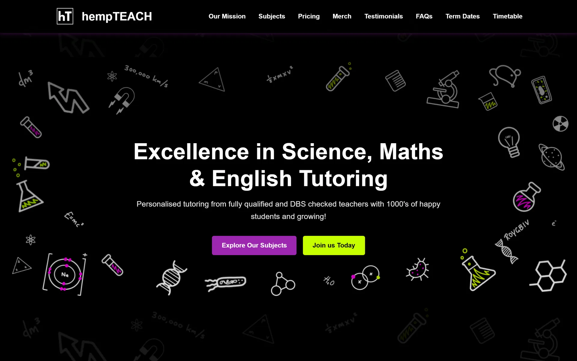 hempTEACH homepage with the headline "Excellence in Science, Maths & English Tutoring" over hand-drawn science doodles