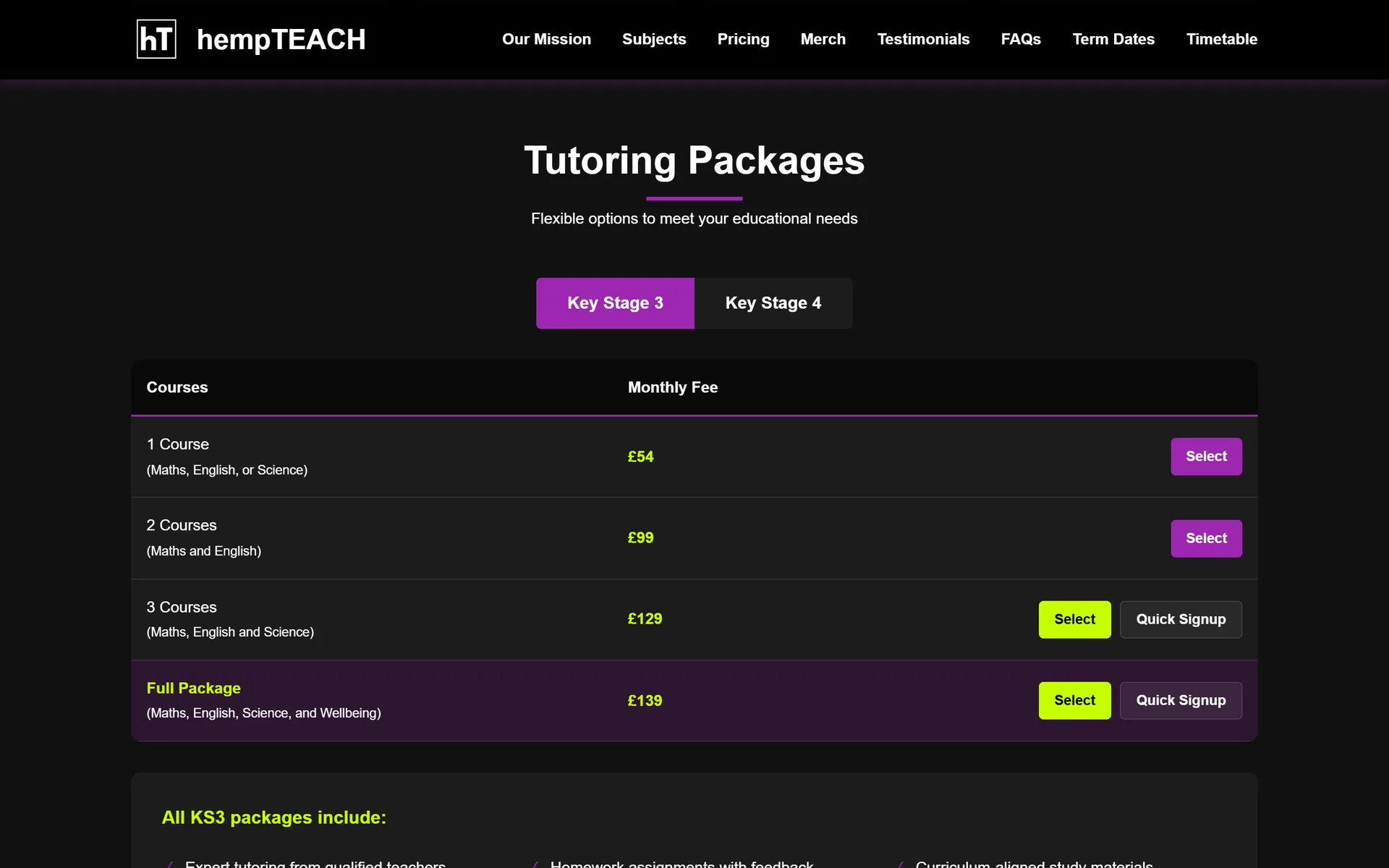 hempTEACH tutoring packages table with monthly prices for Key Stage 3