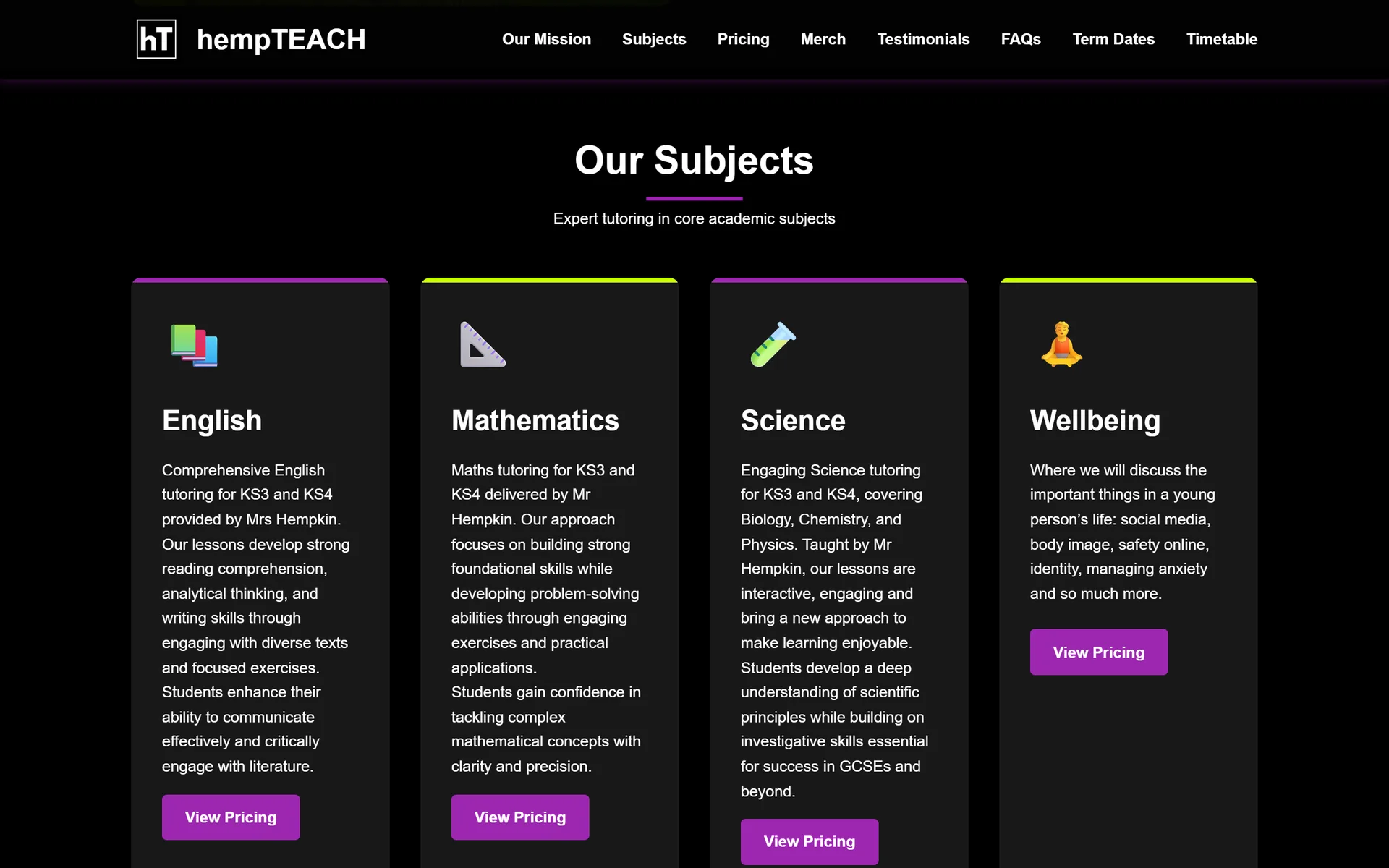 hempTEACH subjects section with cards for English, Mathematics, Science and Wellbeing