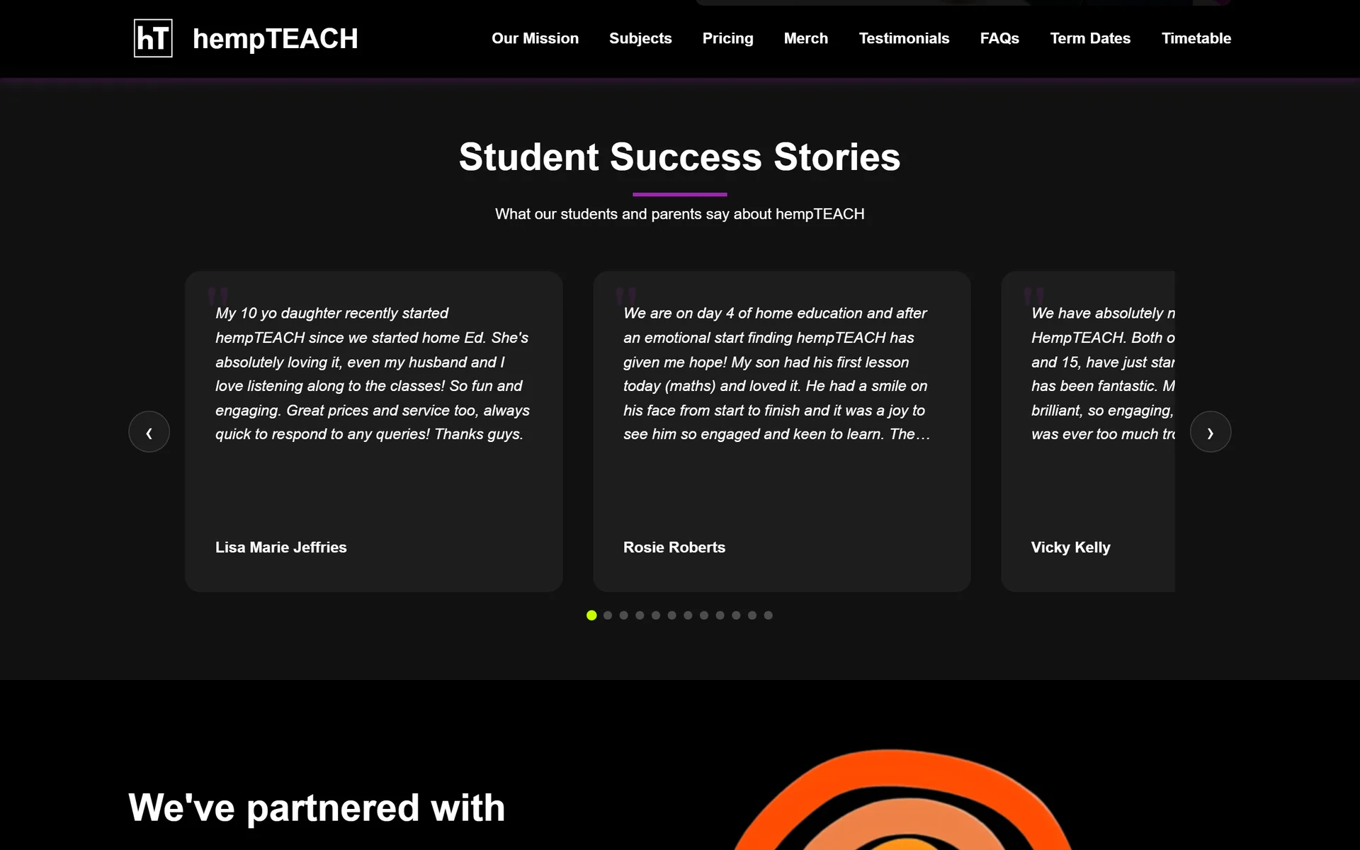 hempTEACH student success stories slider with reviews from parents