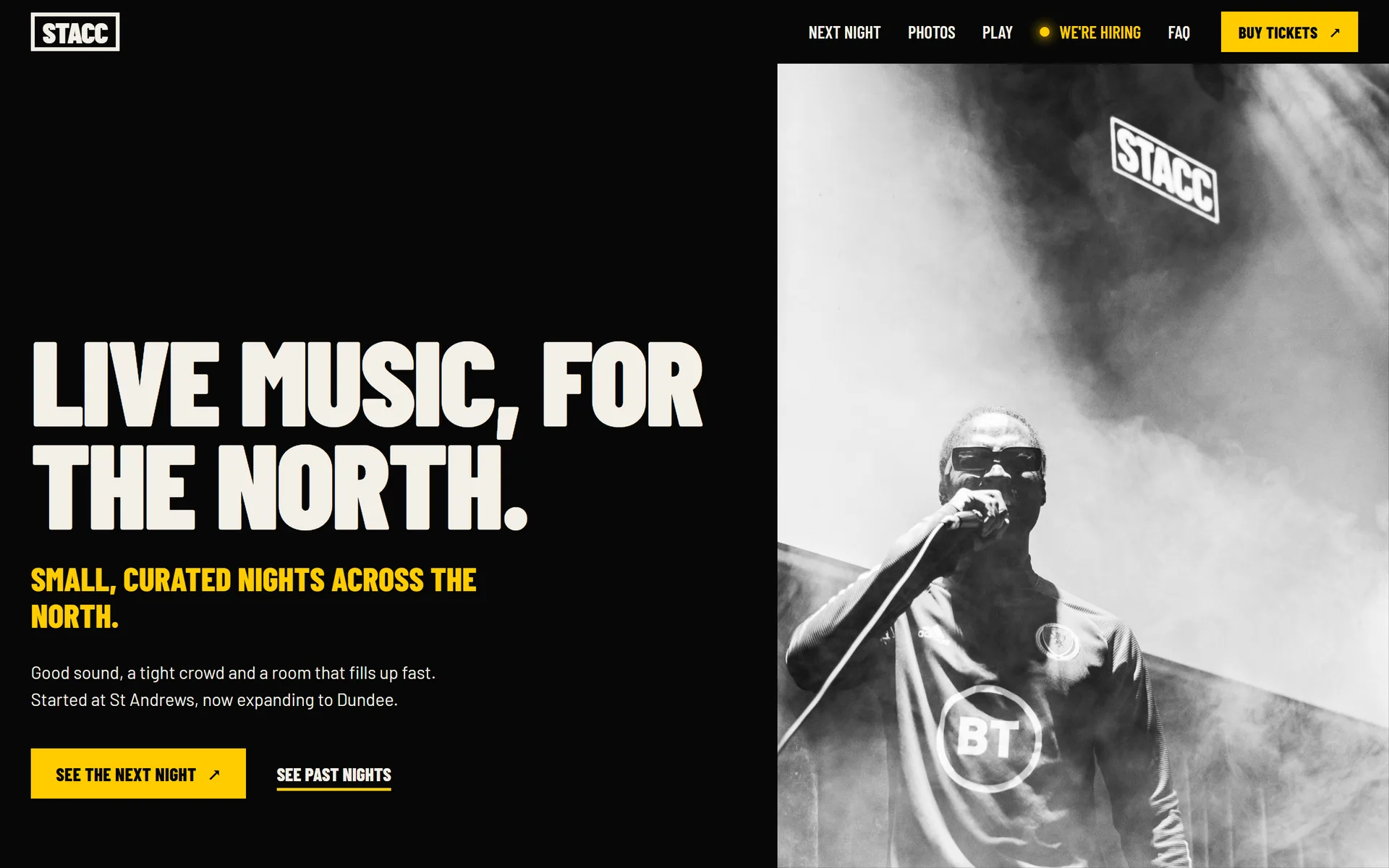 STACC Sessions homepage with the headline "Live music, for the North" beside a black and white photo of a performer