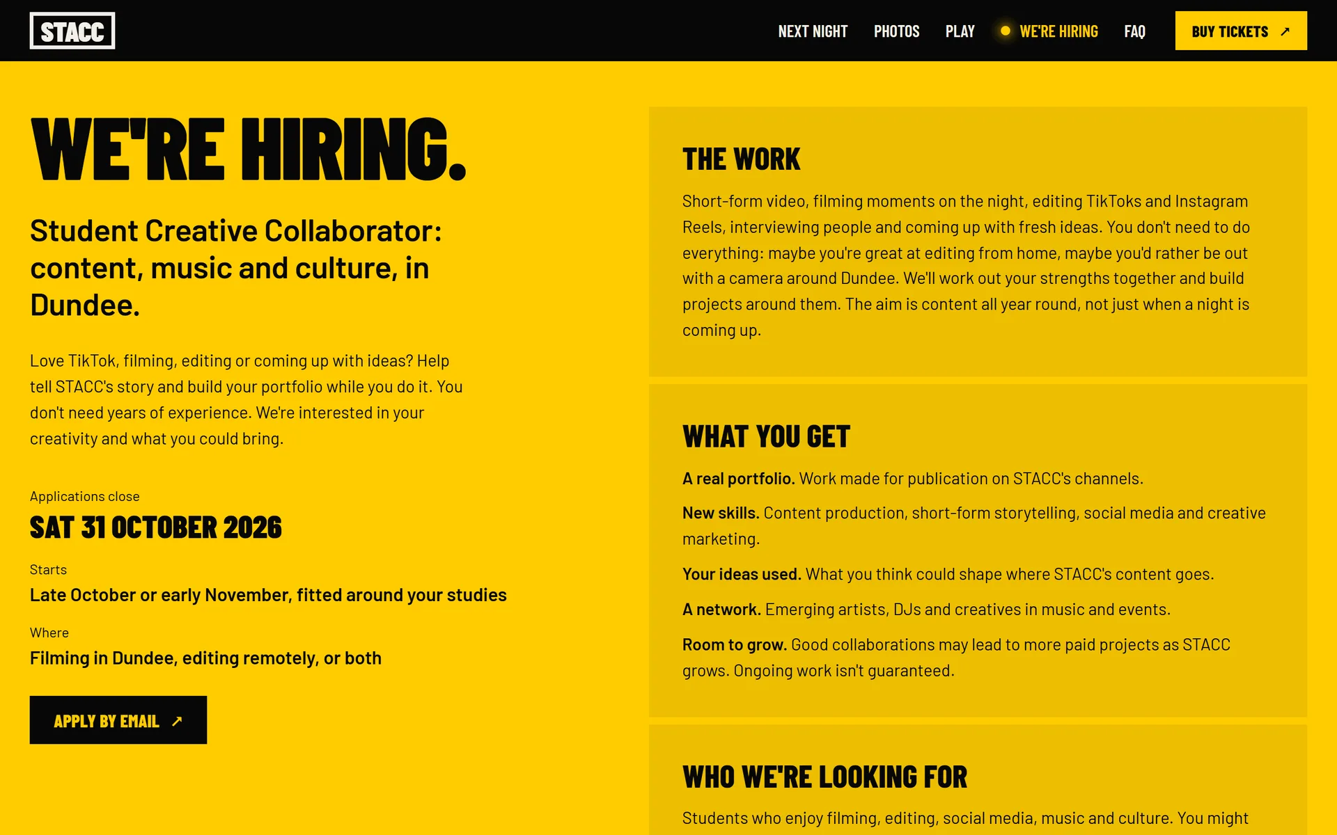 STACC hiring section on a yellow background for a Student Creative Collaborator role
