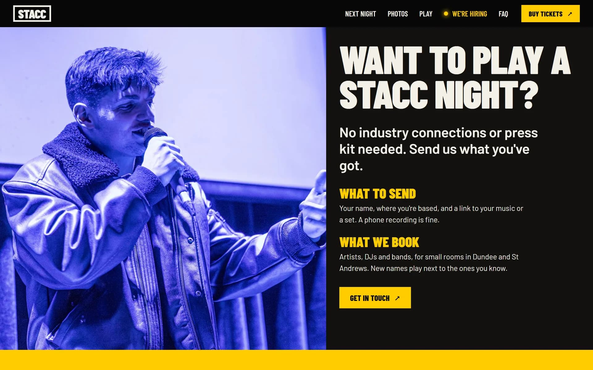 STACC section titled "Want to play a STACC night?" with a photo of a rapper performing