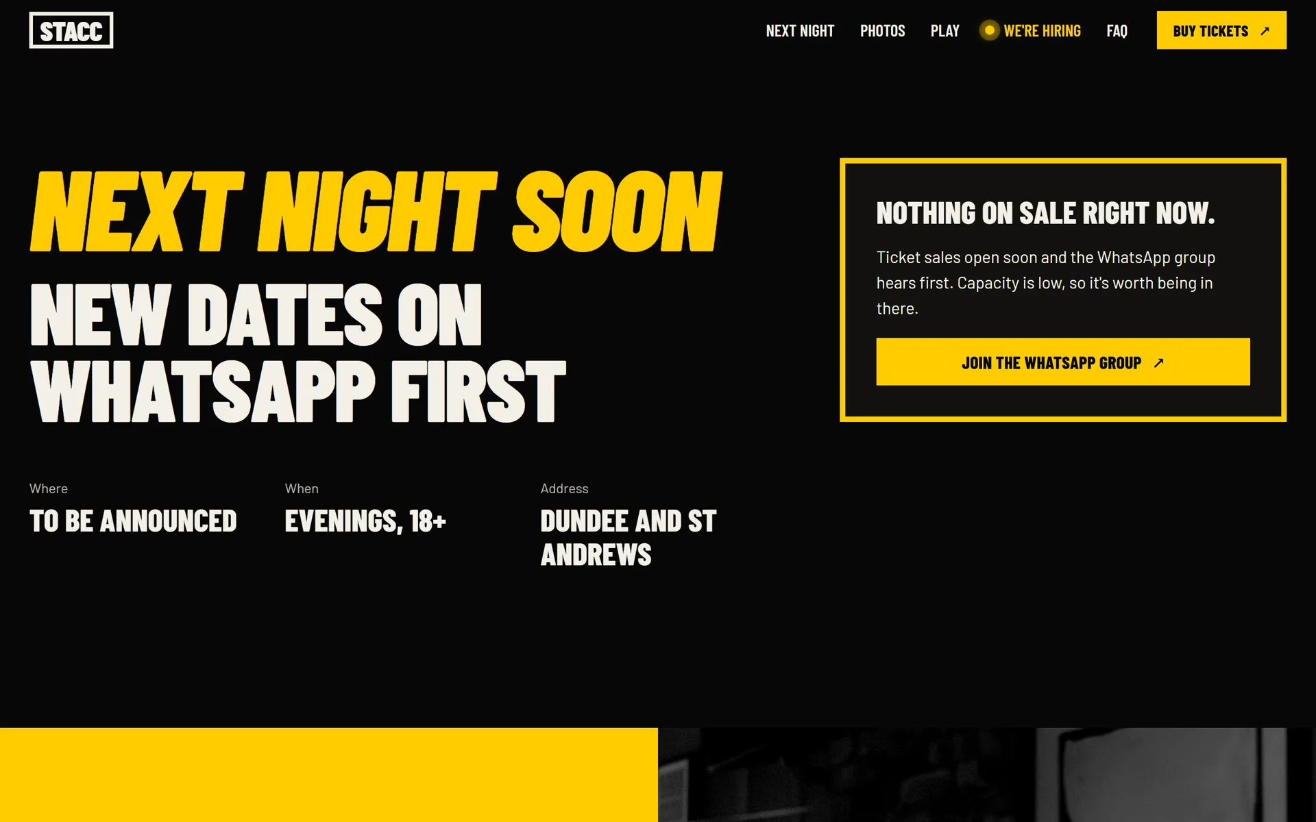 STACC next night section with event details and a ticket box pointing to the WhatsApp group